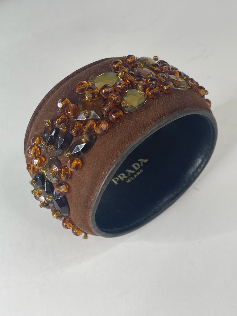 Prada Brown Suede Leather Crystal Bangle Bracelet 200$